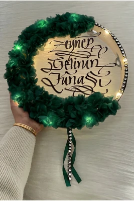 Zümrüt Yeşili Ledli Gelin Tefi 32cm, Üç Boyutlu Çiçek Ve Parlak Taş Süslemeli, Düğün Kına Nedime Bride Sünnet