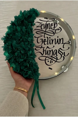 Zümrüt Yeşili Ledli Şeffaf Gelin Tefi 32cm, Çiçek Süslemeli, Düğün Sünnet Kına Nedime Bride Parti