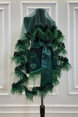 Zümrüt Yeşili Lüks Gelin Kına Duvağı Seti Üç Boyutlu Lazer Çiçek Ve Tüy Süslemeli