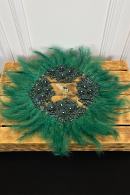 Zümrüt Yeşili Lüks Gelin Mendili, Boncuk Inci  Taş Ve Pul Detaylı Kat Kat Çiçek Güpürlü