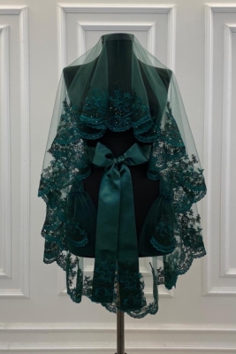 Zümrüt Yeşili Narin Desen Işıl Işıl Güpürlü Gelin Duvak Seti