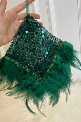 Zümrüt Yeşili Otantik Vip Gelin Mendili, Halay Mendili, Boncuk Inci Pul Ve Tüy Detaylı