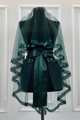 Zümrüt Yeşili Pul Payet ve İncili Gelin Duvak Seti, Kına Gecesi Duvağı Alı Örtüsü 6 Parça