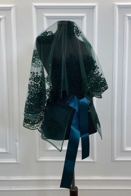 Zümrüt Yeşili Simli Çift Desenli Gelin Duvak Seti, Kına Duvağı