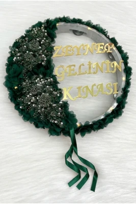 Zümrüt Yeşili Vip Aplikli Ve 3D Lazer Çiçek Süslemeli Pleksi Ledli Şeffaf Gelin Tefi 32cm, Düğün Kına Gecesi Nişan Söz Nedime Gelin Damat Bride Parti 