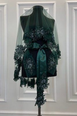 Zümrüt Yeşili Vip Gelin Duvak Seti, Kına Duvağı Örtüsü Seti