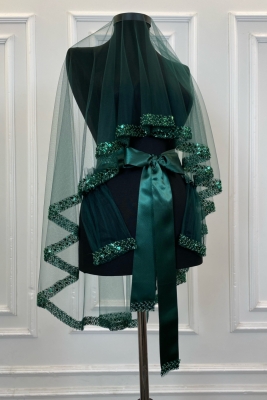 Zümrüt Yeşili Zarif Gelin Duvak Seti, Su Taşlı Kına Duvağı Seti 6 Parça